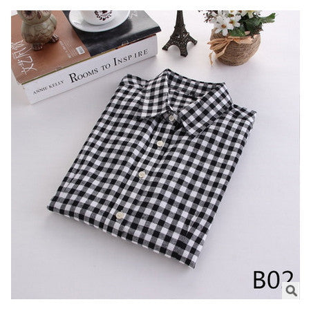 Online discount shop Australia - female new fashion long sleeve college style casual plaid shirts / women's pure cotton large yard slim sanded shirt