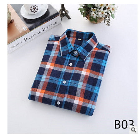 Online discount shop Australia - female new fashion long sleeve college style casual plaid shirts / women's pure cotton large yard slim sanded shirt