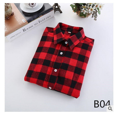 Online discount shop Australia - female new fashion long sleeve college style casual plaid shirts / women's pure cotton large yard slim sanded shirt