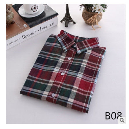 Online discount shop Australia - female new fashion long sleeve college style casual plaid shirts / women's pure cotton large yard slim sanded shirt