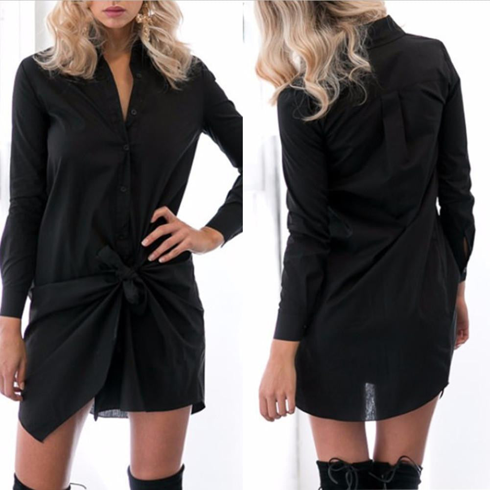 Front Bow Buttons long Sleeve Shirtdress Autumn Summer Casual Straight Office Shirt Dress Comfortable Cotton Blend Dress
