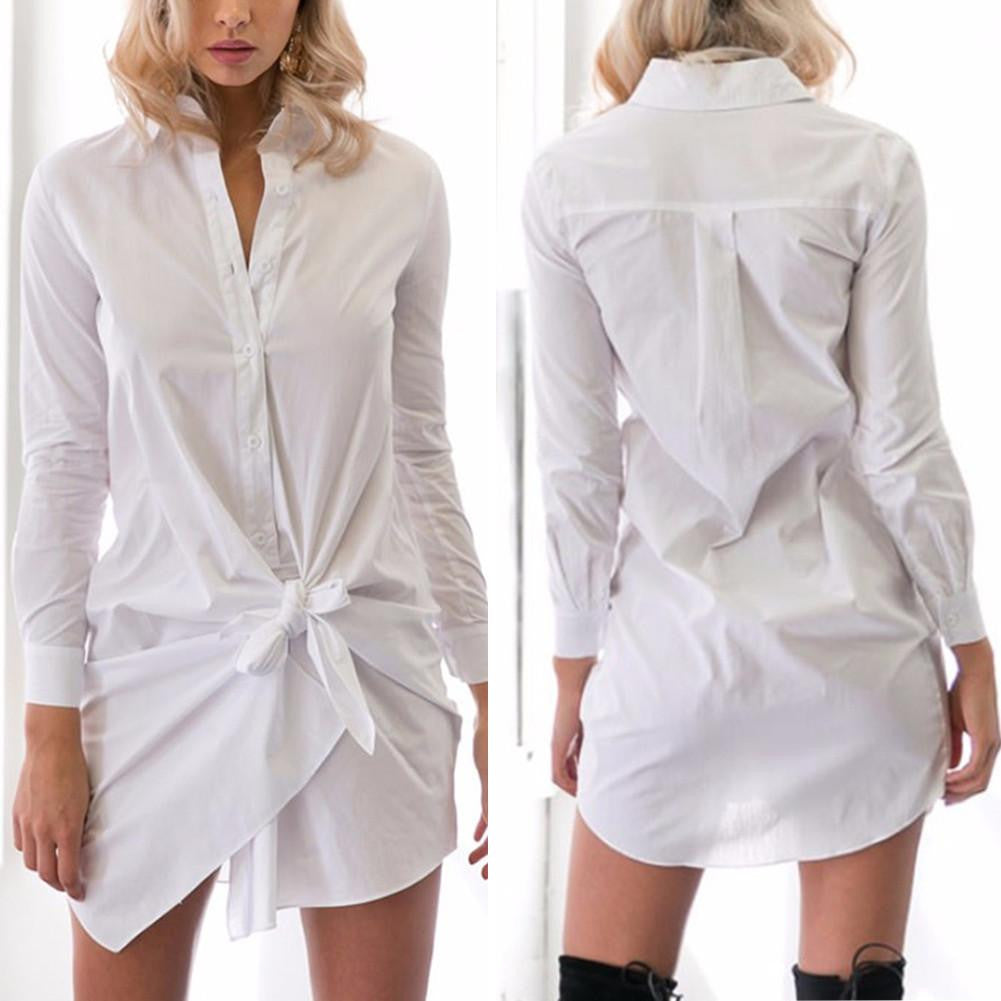 Front Bow Buttons long Sleeve Shirtdress Autumn Summer Casual Straight Office Shirt Dress Comfortable Cotton Blend Dress