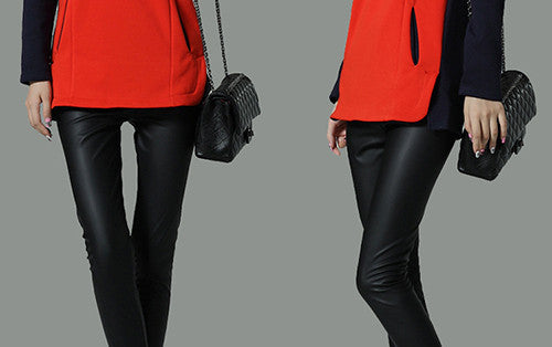 Online discount shop Australia - High Quality PU Leather Pants Women Winter female high waist elastic pu leather fleece stretch Slim women pencil pants