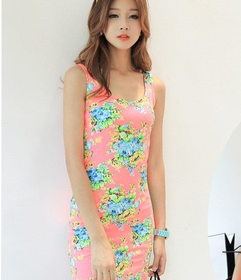 Online discount shop Australia - designer sexy Sleeveless O-neck Floral Above-knee Length Short Bodycon Womens Print Tank Dress Sale