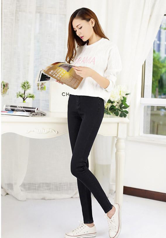 Women's Pants Fashion Pencil Pants Length High Waist Femal Solid Denim Full Pants Plus Size Trousers