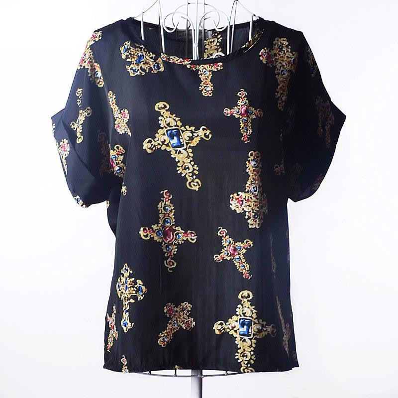 Tribal Bird Plaid Print Batwing Short Sleeve Chiffon Blouses Women Fashion Ladies White Shirt Tunic Tops