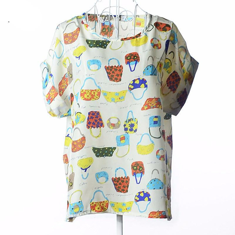 Tribal Bird Plaid Print Batwing Short Sleeve Chiffon Blouses Women Fashion Ladies White Shirt Tunic Tops