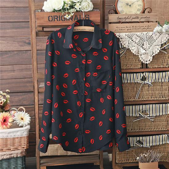 Women Red Lips Printed Blouse Long Sleeve Fashion Casual Shirts Women Tops
