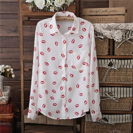 Women Red Lips Printed Blouse Long Sleeve Fashion Casual Shirts Women Tops