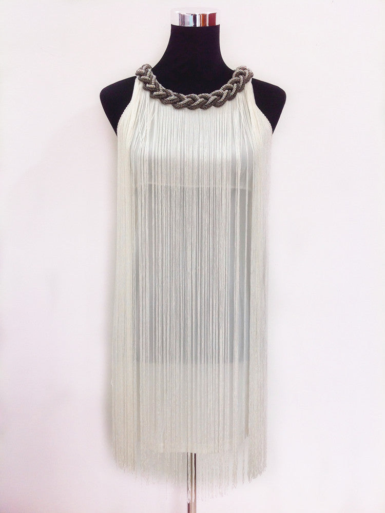 Online discount shop Australia - GREAT GATSBY OMBRE METAL HALTER-NECK BLACK FRINGE BEADED 1920S FLAPPER CHARLESTON DRESS