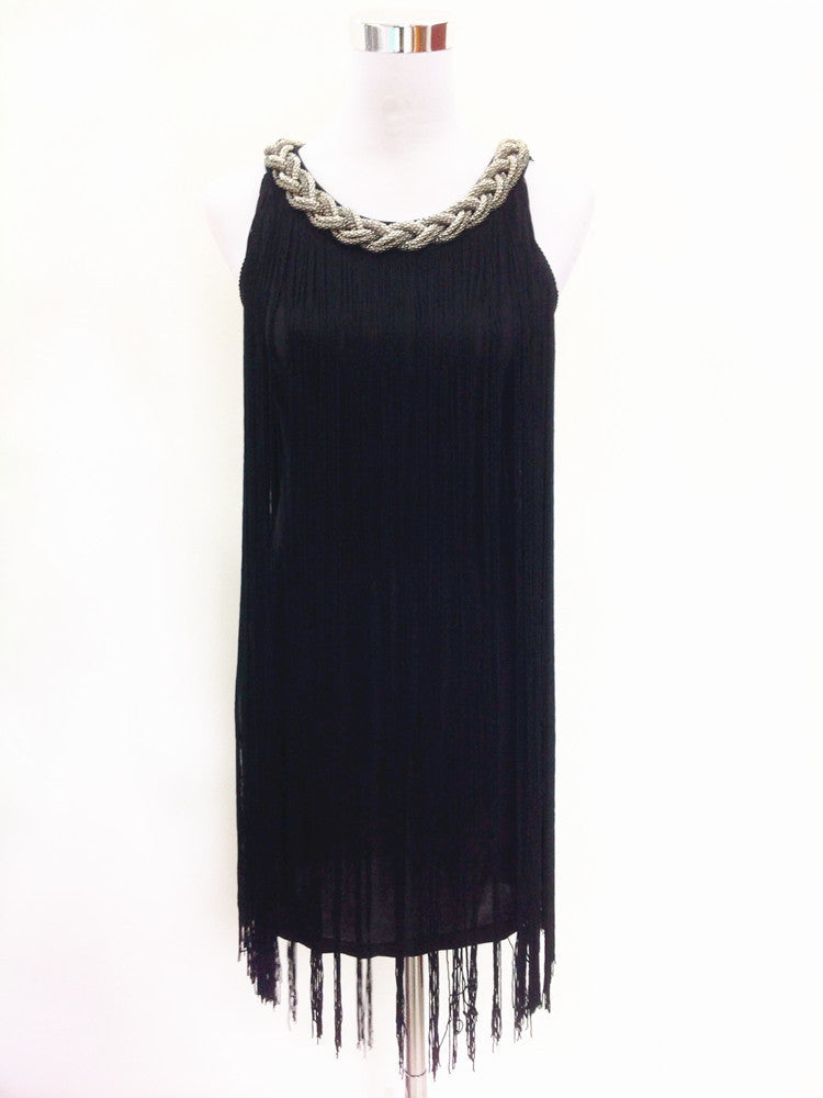Online discount shop Australia - GREAT GATSBY OMBRE METAL HALTER-NECK BLACK FRINGE BEADED 1920S FLAPPER CHARLESTON DRESS