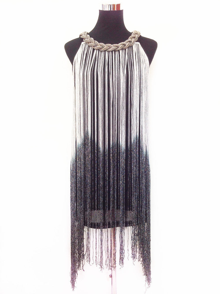 Online discount shop Australia - GREAT GATSBY OMBRE METAL HALTER-NECK BLACK FRINGE BEADED 1920S FLAPPER CHARLESTON DRESS