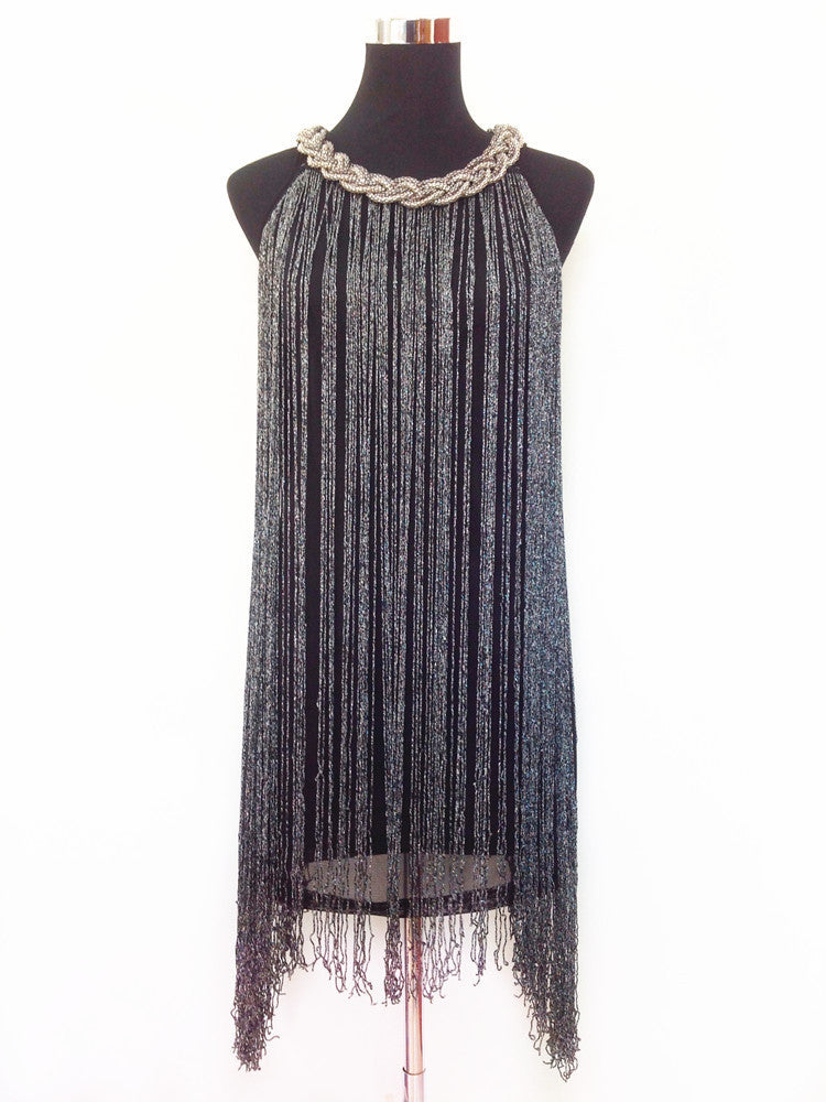 Online discount shop Australia - GREAT GATSBY OMBRE METAL HALTER-NECK BLACK FRINGE BEADED 1920S FLAPPER CHARLESTON DRESS