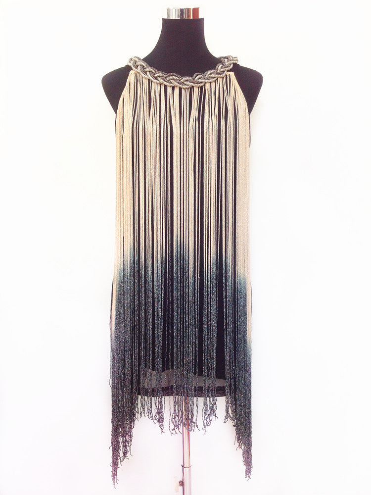 Online discount shop Australia - GREAT GATSBY OMBRE METAL HALTER-NECK BLACK FRINGE BEADED 1920S FLAPPER CHARLESTON DRESS