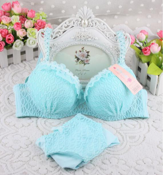 Online discount shop Australia - 100% Cotton new push up women bra set cute 32 34 36 A B C cup young girl sexy lace cotton underwear suit