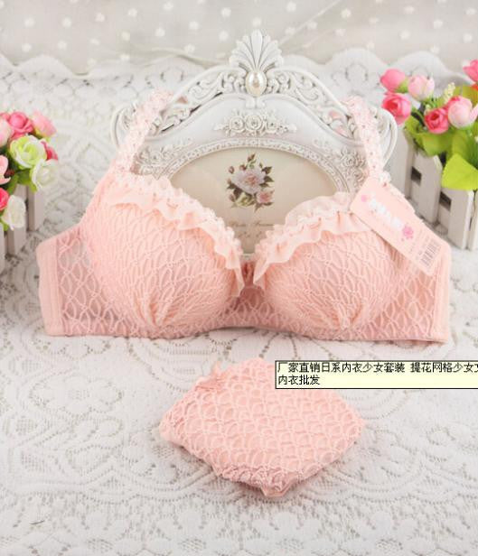 Online discount shop Australia - 100% Cotton new push up women bra set cute 32 34 36 A B C cup young girl sexy lace cotton underwear suit