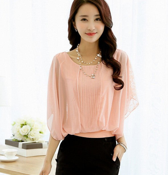 Women Fashion Short Batwing Sleeve O-Neck Chiffon Shirts Casual Lace Blouse Tops Plus Size 4XL