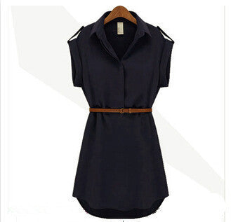 Women Dress V-Neck Short A-Line Solid Plus Size Chiffon Casual Dress For Beach Office With Belt