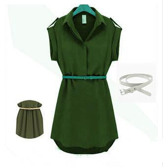 Women Dress V-Neck Short A-Line Solid Plus Size Chiffon Casual Dress For Beach Office With Belt