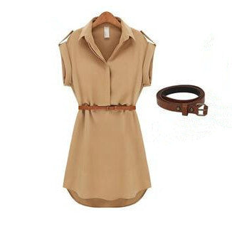 Women Dress V-Neck Short A-Line Solid Plus Size Chiffon Casual Dress For Beach Office With Belt