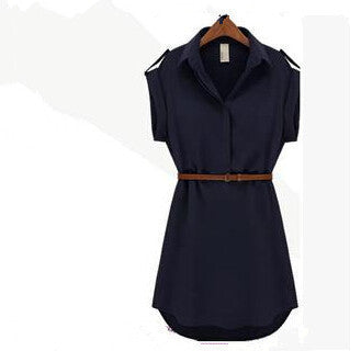 Women Dress V-Neck Short A-Line Solid Plus Size Chiffon Casual Dress For Beach Office With Belt