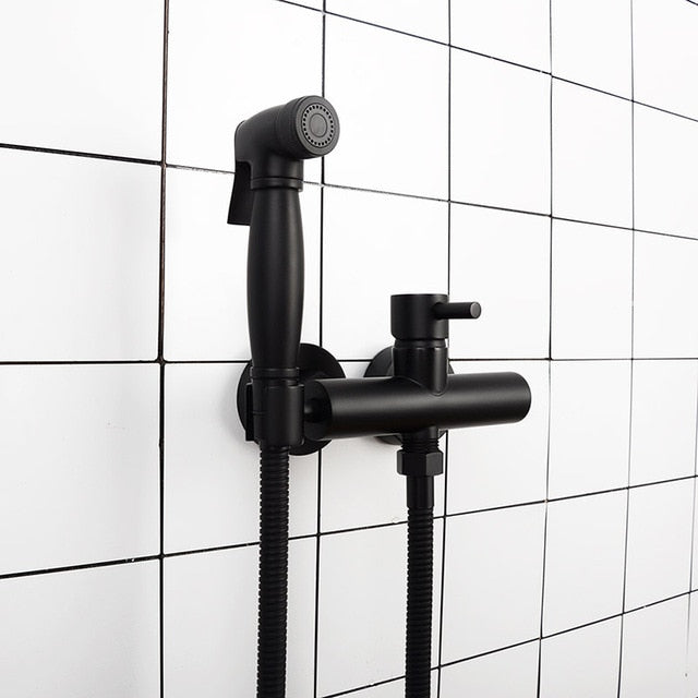 Hot & Cold Mixer Toilet Bidet Sprayer Kit. Black & Brushed Gold & Chrome Wall Mounted Bidet Faucet Brass Women Flusher
