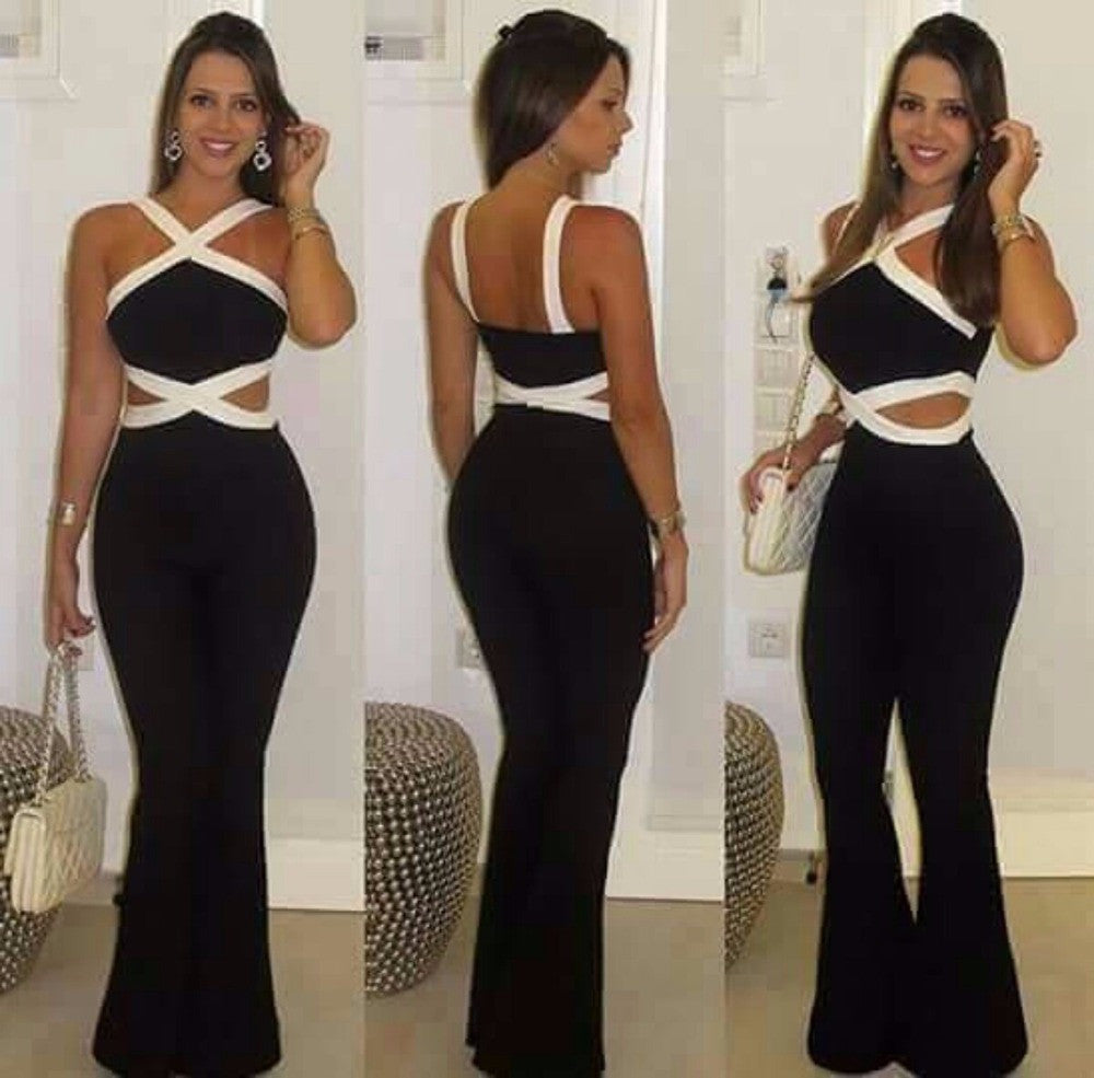Online discount shop Australia - jumpsuits for women Playsuit overall Black white stitching women's sexy slim Halter Full Length pants coveralls Rompers