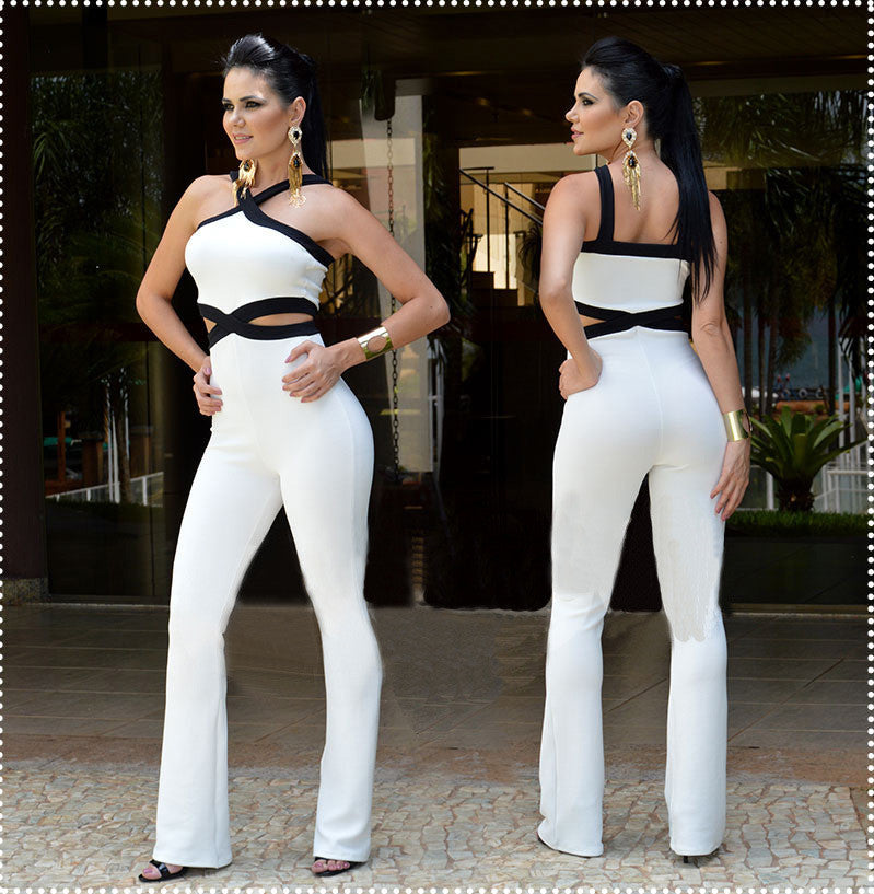 Online discount shop Australia - jumpsuits for women Playsuit overall Black white stitching women's sexy slim Halter Full Length pants coveralls Rompers