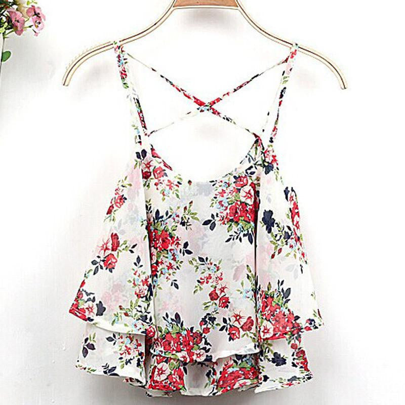 Online discount shop Australia - 4 Colors Women Clothing Spaghetti Strap Floral Print Chiffon Shirt Vest Blouses Crop Top