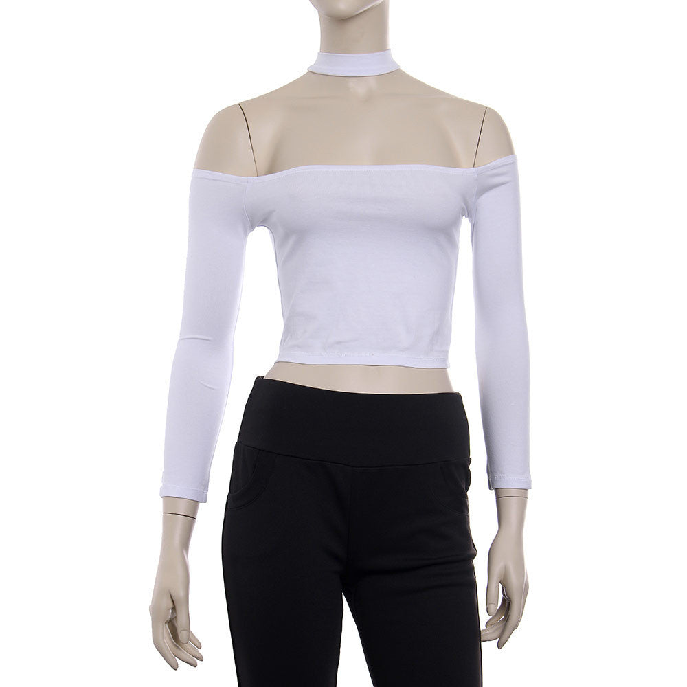 choker top crop top long sleeve bustier off shoulder women white cropped feminino pink high Neck cotton fitness tank shirts - CelebritystyleFashion.com.au online clothing shop australia