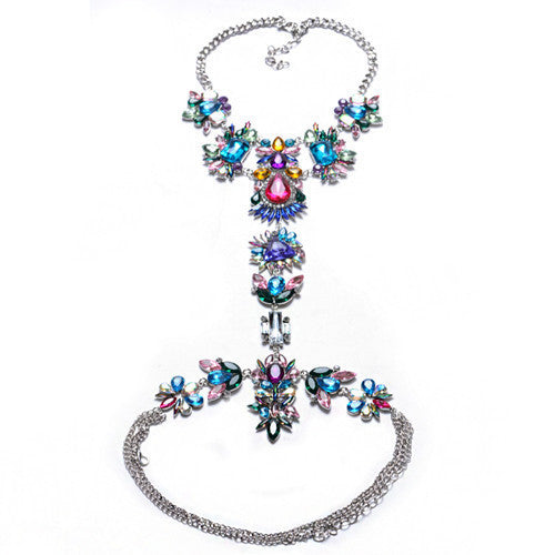 ZA Long Body Chain DIY Handmade Luxury Blue Red Gem Fashion Crystal Necklace Pendant Set Statement Vacation
