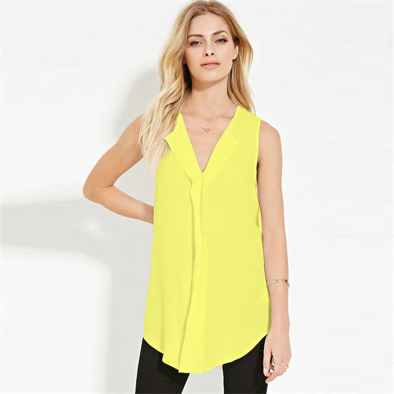 Fashion Plus Size Sleeveless Solid V Neck Chiffon Shirt Women Boyfriend Long Casual Tops clothing accessories