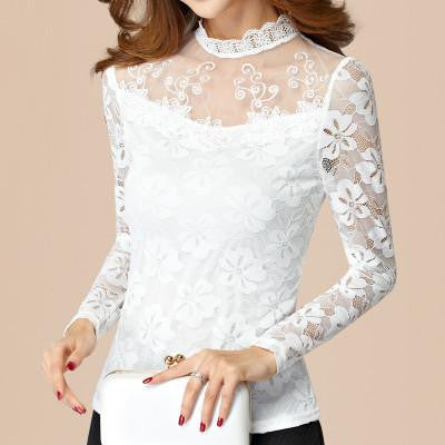 women lace long Sleeve Turtleneck thin female pullover black white tops