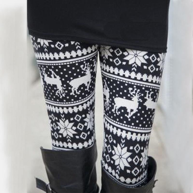 Women Xmas Snowflake Reindeer Knitted Leggings Skinny Pencil Pants