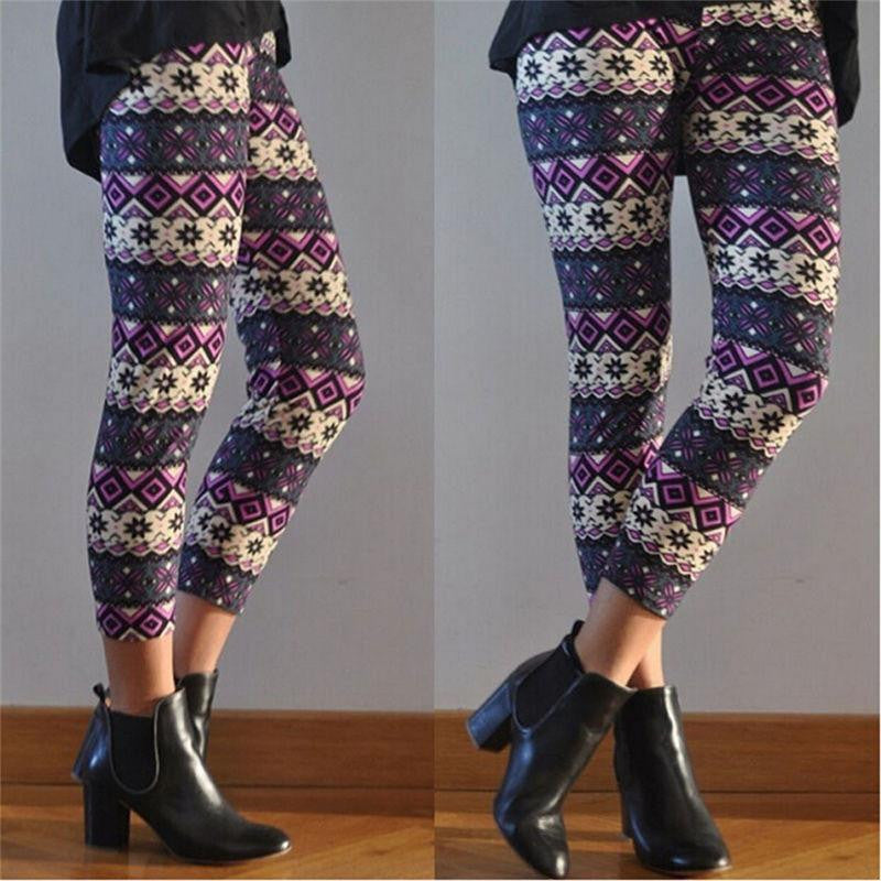 Women Xmas Snowflake Reindeer Knitted Leggings Skinny Pencil Pants
