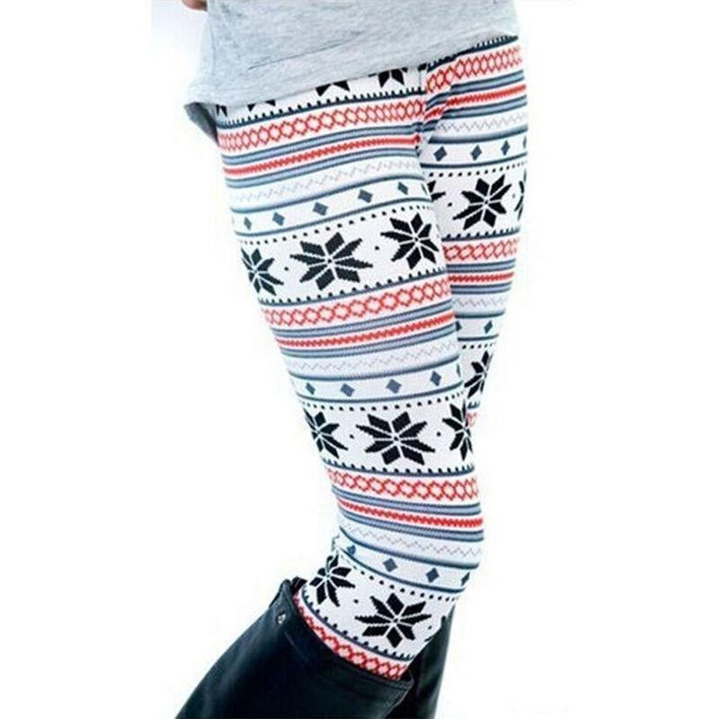 Women Xmas Snowflake Reindeer Knitted Leggings Skinny Pencil Pants