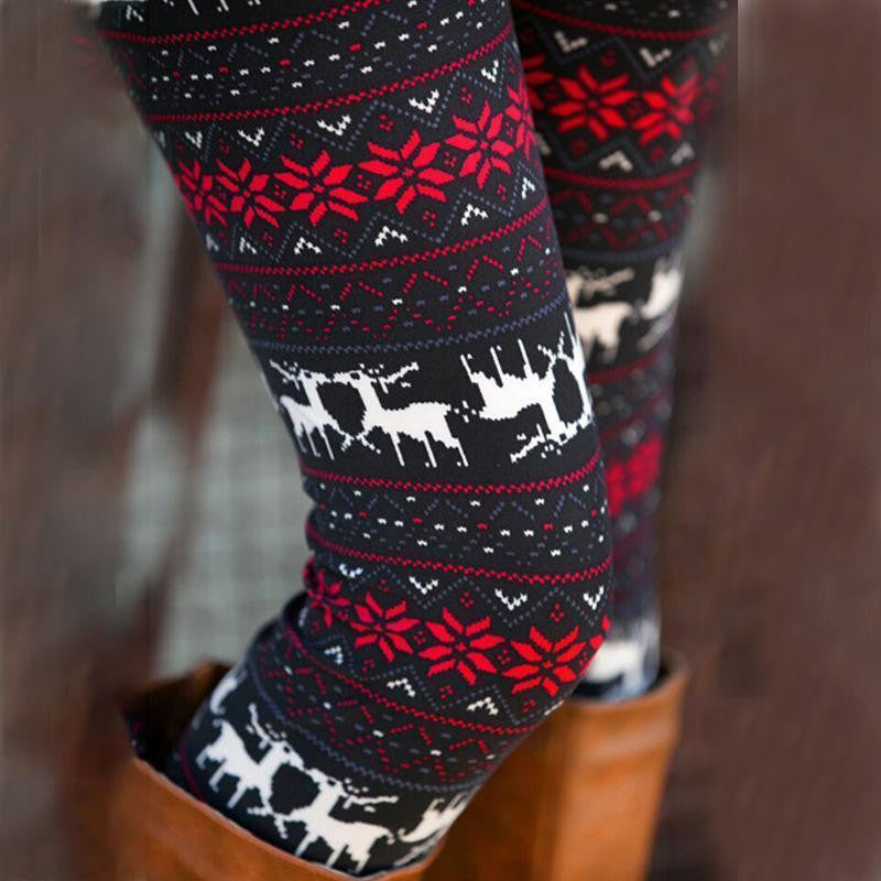 Women Xmas Snowflake Reindeer Knitted Leggings Skinny Pencil Pants