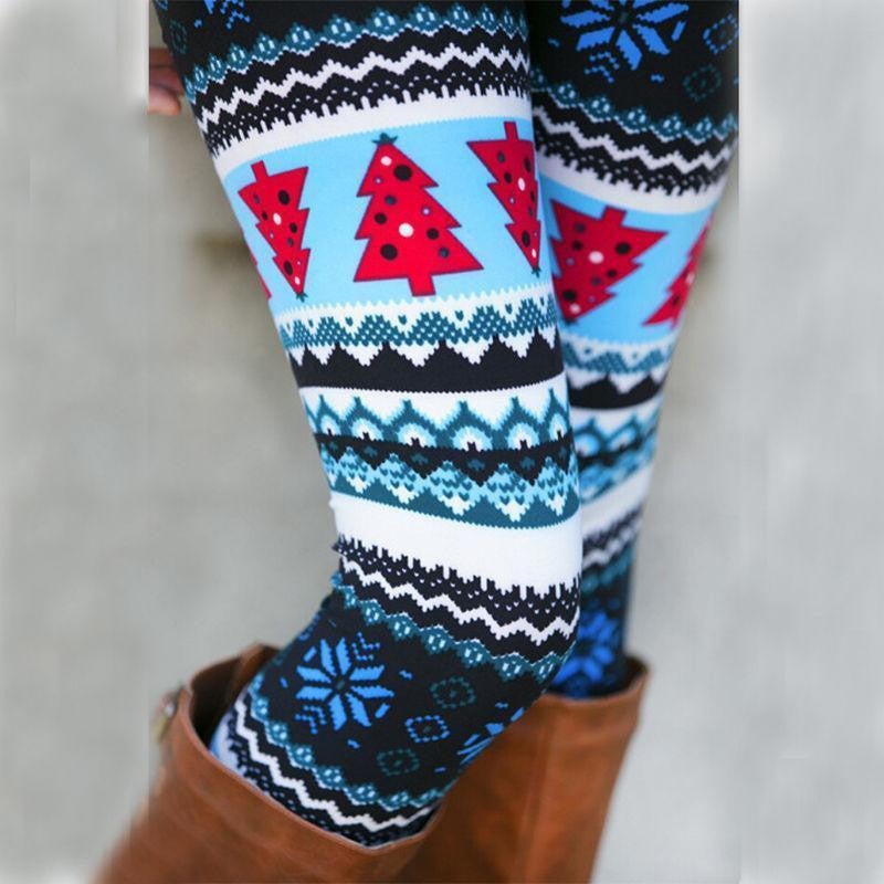 Women Xmas Snowflake Reindeer Knitted Leggings Skinny Pencil Pants