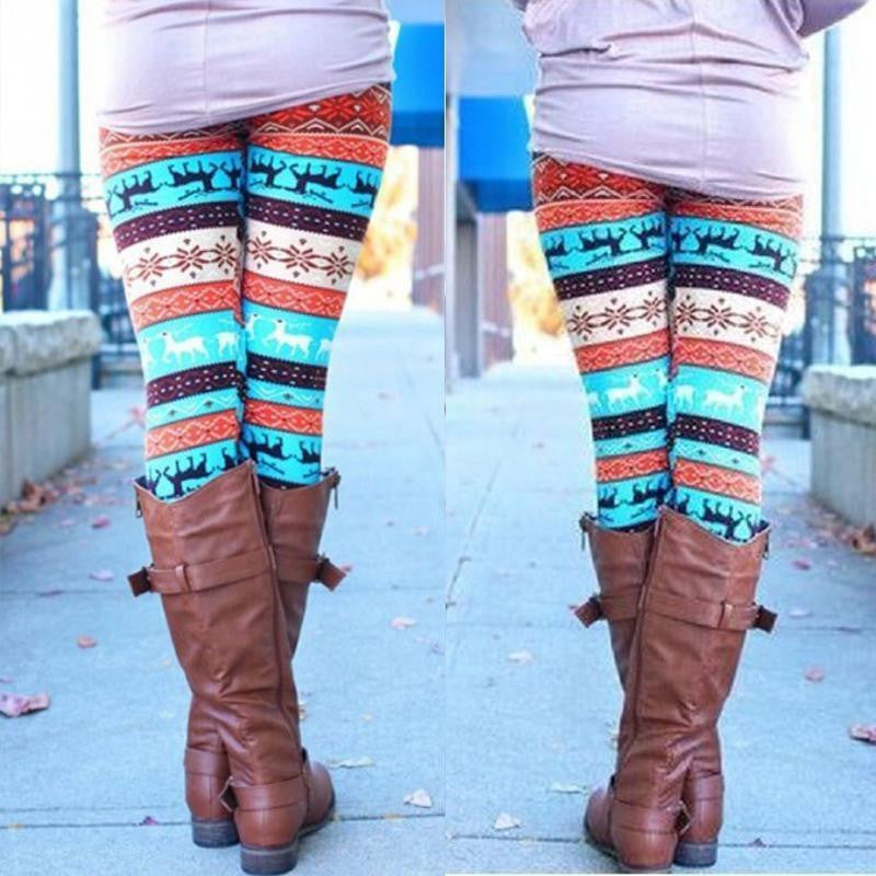 Women Xmas Snowflake Reindeer Knitted Leggings Skinny Pencil Pants