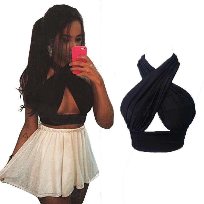 Womens Cross Over Crop Top Ladies Nightclub Bralet V Neck Cut Out Vest Tee