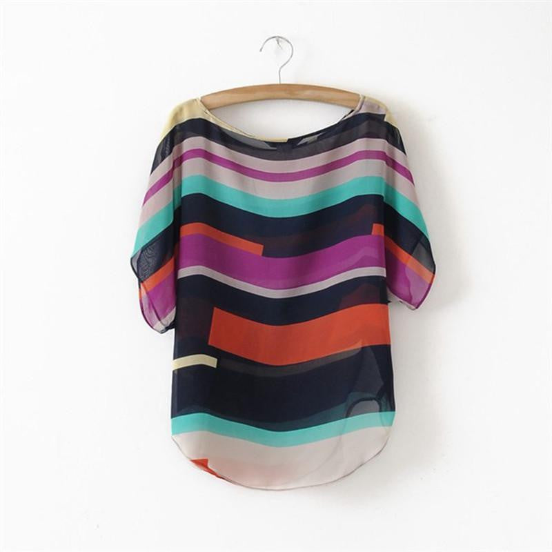 Online discount shop Australia - Women Casual O-Neck Striped Batwing Sleeve Tops Vintage Chiffon Shirt Blouse Plus Size