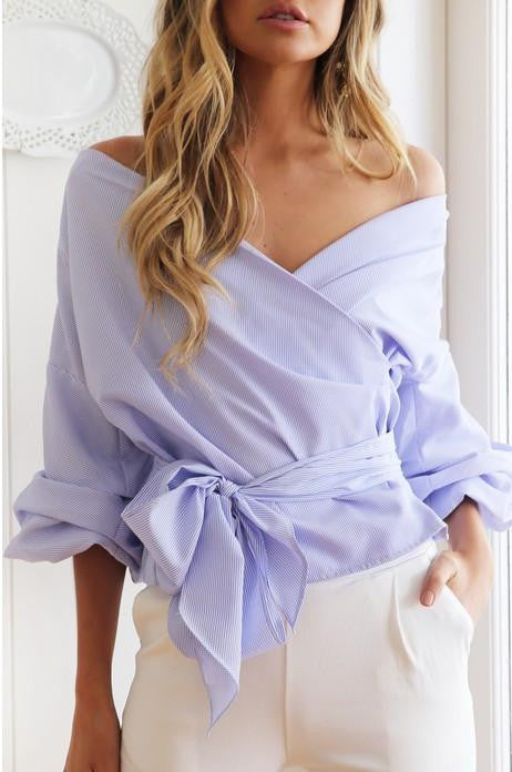 Women Off TheShoulder V Neck Blouse Puff Sleeve Bowknot Waist Bandage Skinny Shirts Fashion Tops Plus Size M0659