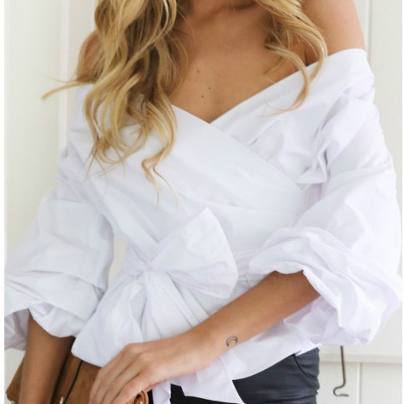 Women Off TheShoulder V Neck Blouse Puff Sleeve Bowknot Waist Bandage Skinny Shirts Fashion Tops Plus Size M0659