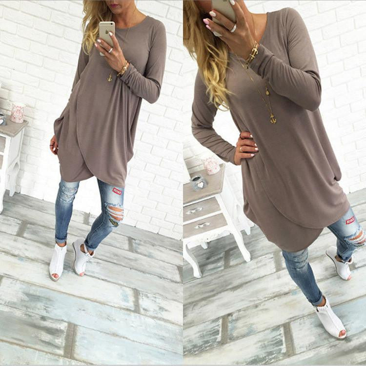 Women's O-neck Casual Loose Long Sleeve Dress & Irregular Hem Solid Dress For Women Ladies