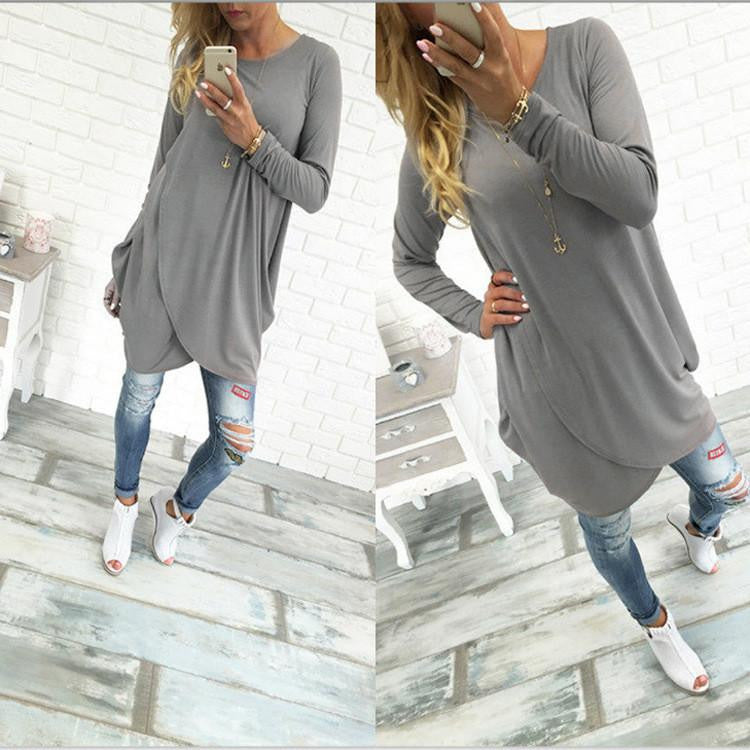 Women's O-neck Casual Loose Long Sleeve Dress & Irregular Hem Solid Dress For Women Ladies