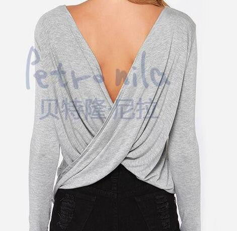 Online discount shop Australia - Cross Backless Long sleeved  Women Tops Casual Large size Camiseta White/Black/Gray poleras de