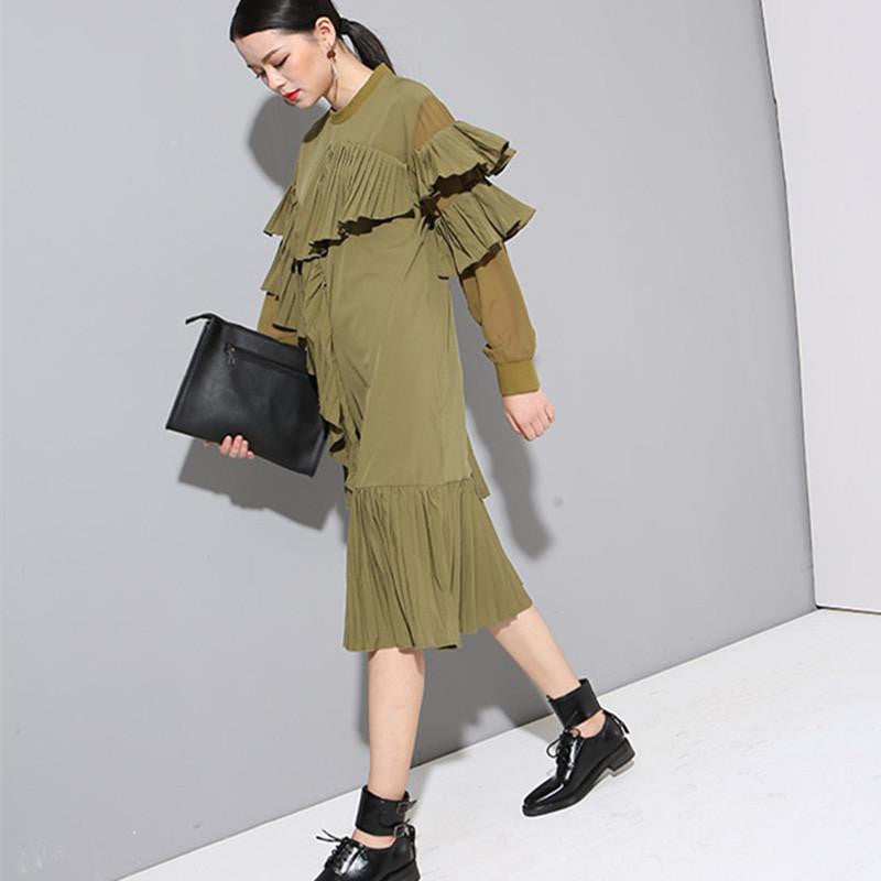 Women's European style stereo pleated chiffon sleeve long-sleeved dress stitching