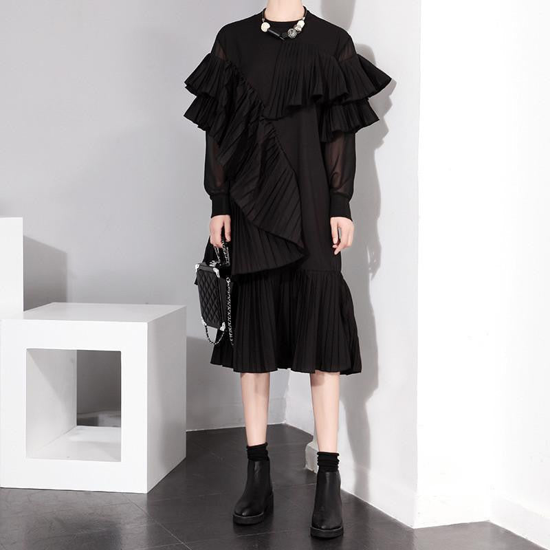 Women's European style stereo pleated chiffon sleeve long-sleeved dress stitching