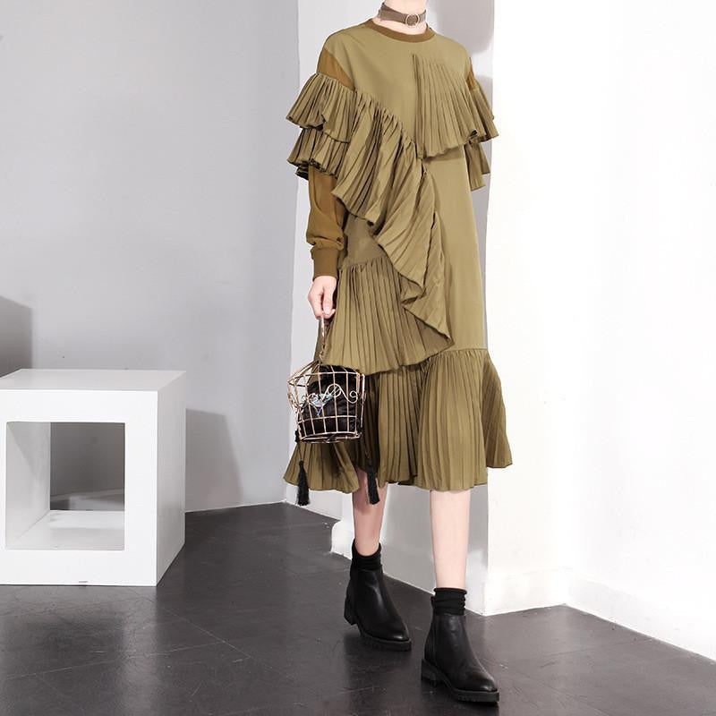 Women's European style stereo pleated chiffon sleeve long-sleeved dress stitching