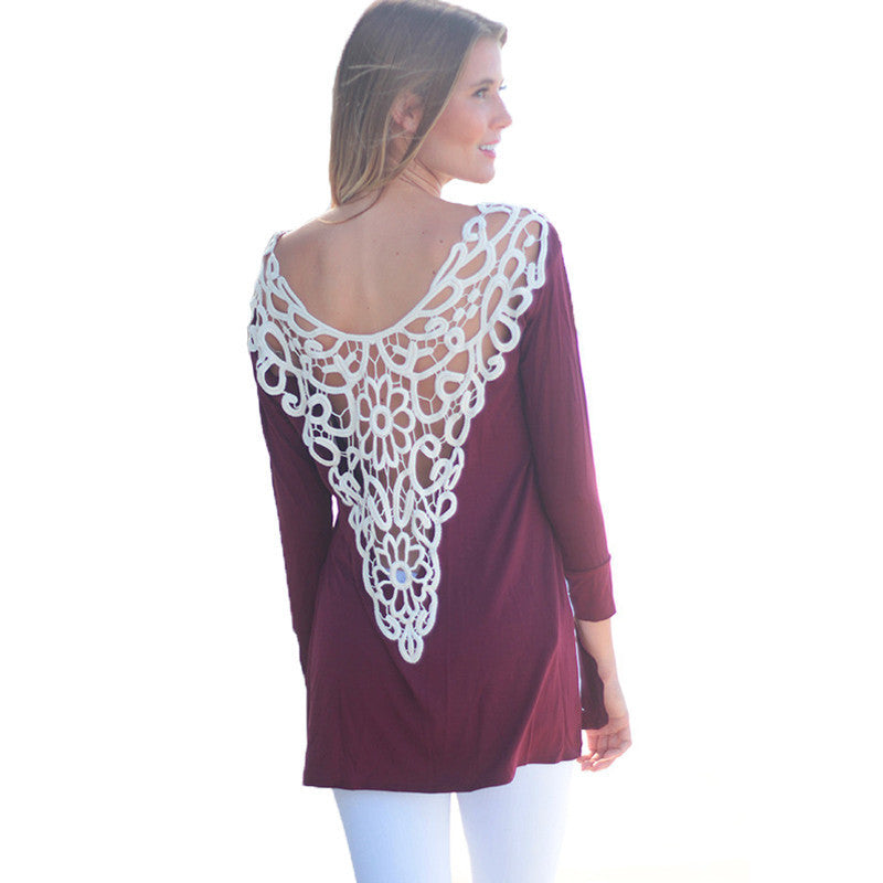 Online discount shop Australia - Fashion Sexy Crochet Patchwork Elegant T-Shirt Deep V Back Lace Hollow out Women Long Sleeve Side Split Shirt M0072